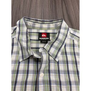 Quiksilver Plaid Button Down Shirt Men's XL Blue Green White Short Sleeve Casual